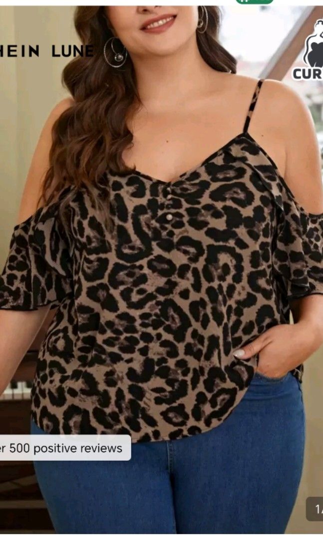 SHEIN LUNE Plus Leopard Print Cold Shoulder Blouse (Category: Sleeveless) located in Manila. Submitted by wisepenguin.89f414 (Listing ID 1463031569, Image 2). Description: - Trendy leopard print design - Stylish cold shoulder cut - Cute tie details on the sleeves - Flattering V-neckline with button accent - Versatile for casual or dressy occasions - Effortlessly pairs with jeans or skirts.