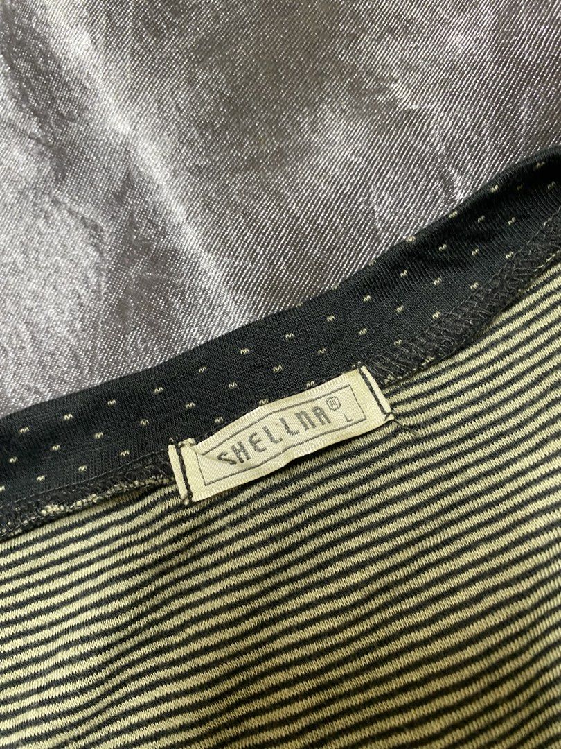 SHELLNAR Striped Cardigan with Polka Dots (Category: Coats, Jackets and Outerwear) located in General Trias. Submitted by kevinthriftshop (Listing ID 1462887546, Image 3). Description: - Black cardigan with white polka dots - Size: L on tag (Best fit medium) - Button-up front - Ruched detailing on the sides - Striped inner lining - Ideal for layering over tops or dresses - Comfortable and stylish for casual wear.
