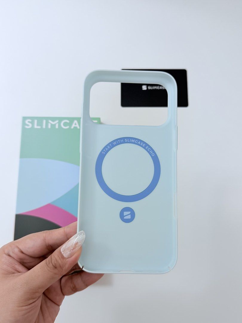Slimcase Echo Pastel Blue iPhone 17 Pro Max Phone Case (Category: Cases & Sleeves) located in Manila. Submitted by yeyouchengdu_ (Listing ID 1462890287, Image 2). Description: Brand New Complete with packaging Used for video purposes only.