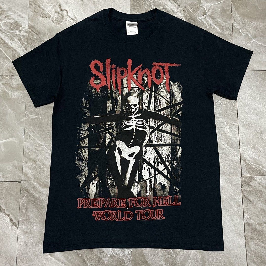 Slipknot "Prepare for Hell World Tour" Tee (Category: Tshirts & Polo Shirts ) located in Bacoor. Submitted by thrift2dough (Listing ID 1463052706, Image 1). Description: Slipknot "Prepare for Hell World Tour" Tee Size: Small Condition: 10/10 Issue: None Dimensions Width: 18 in Length: 27 Price: 1,000 shipped.