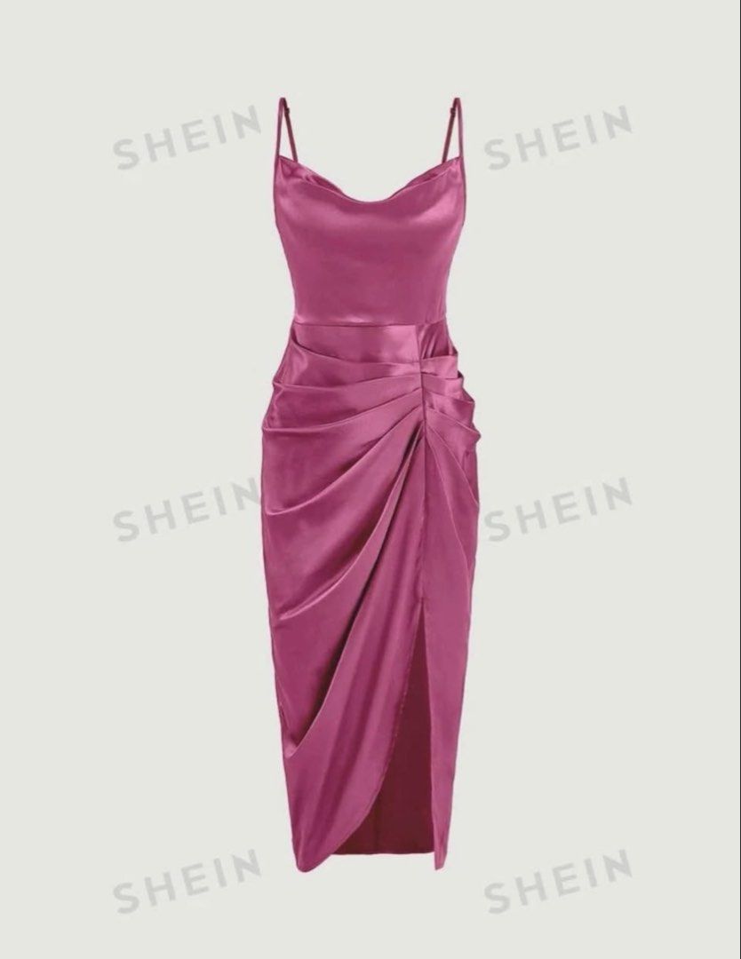 Solid Draped Collar Ruched Split Thigh Satin Cami Dress (Category: Dresses) located in Manila. Submitted by thelabelfindsbym (Listing ID 1462944929, Image 1). Description: With tag.