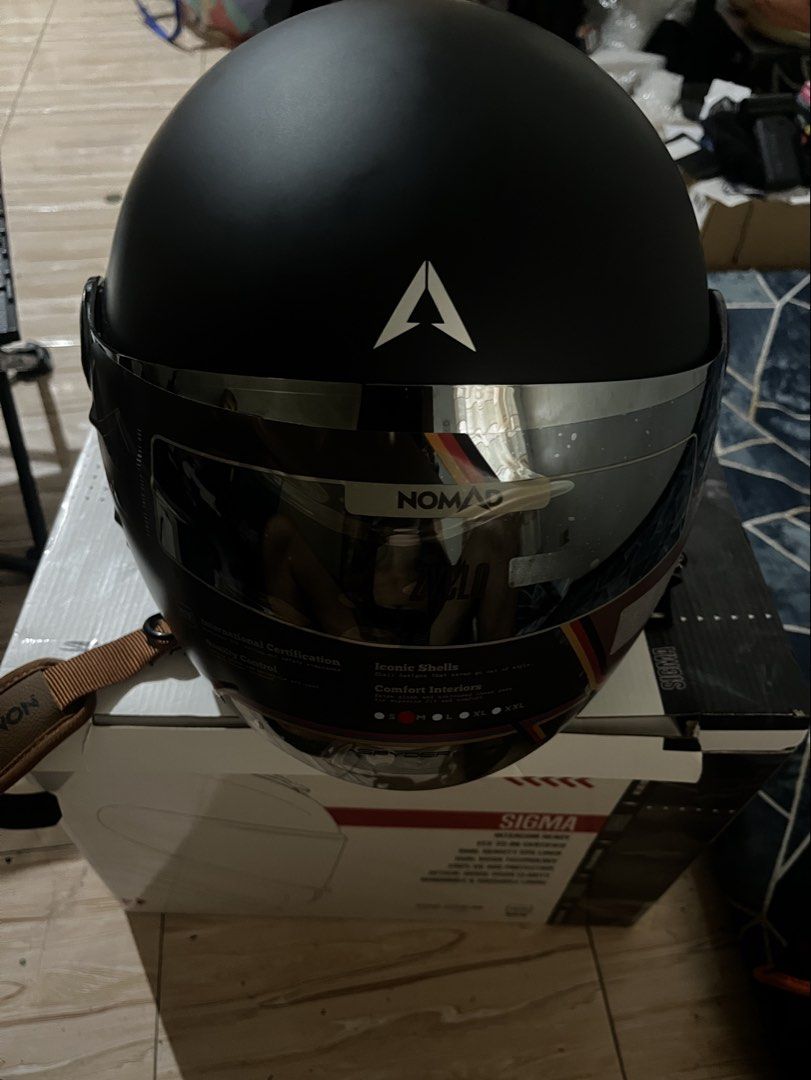 Spyder Nomad SIGMA [ Half Face ] (Category: Helmets and other Riding Gears) located in Lipa City. Submitted by goodboypau (Listing ID 1463104254, Image 1). Description: Details: Brand/Model: Spyder Nomad SIGMA Color: Matte Black Visor: Iridium/Silver tinted Size: M Logo: Spyder Disclaimer: Used for only a week!.
