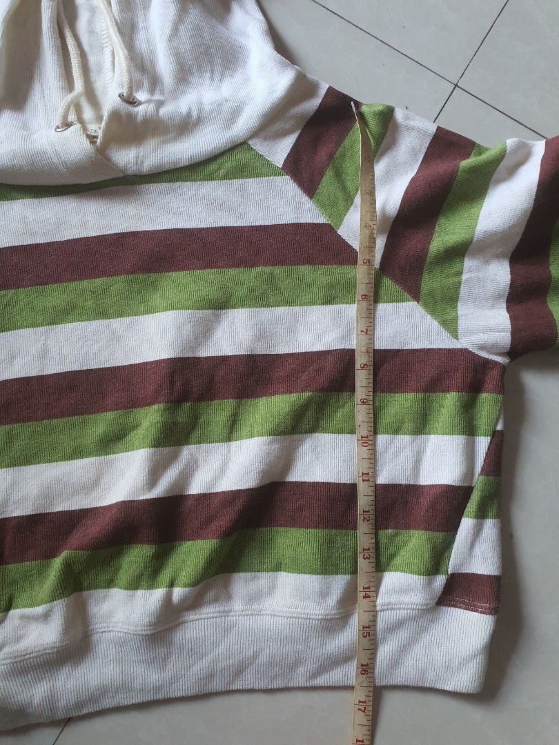 Striped Hoodie with Drawstring Hood (Category: Hoodies) located in Meycauayan. Submitted by shoptoown (Listing ID 1462899902, Image 3). Description: - Casual striped hoodie - Drawstring hood and long sleeves - Stylish brown and green stripe pattern - Comfortable for everyday wear - Approx. Measurements: Chest - 17 inches, Length - 16 inches.