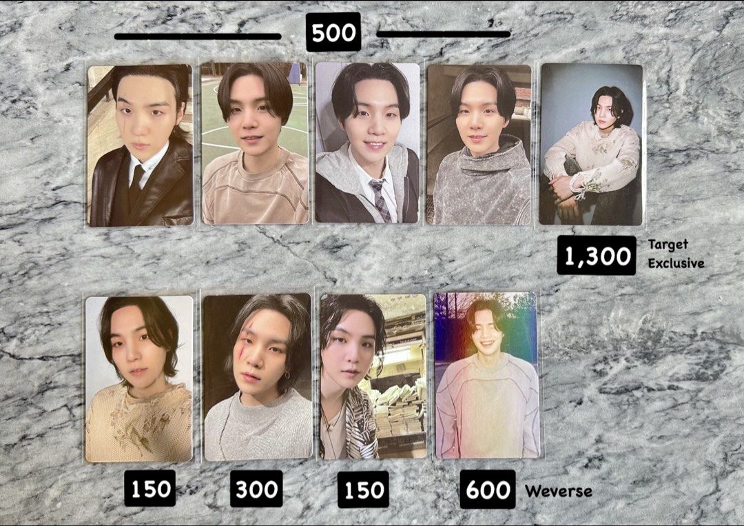 SUGA DDAY Photocards (Category: K-Wave Merchandise) located in Batangas. Submitted by porscheanillo (Listing ID 1462920932, Image 2). Description: - Official BTS SUGA DDAY photocards - Prices as marked in photos - Includes Target exclusives - Includes Weverse exclusives - Message for more details - Happy to bundle! -Agustd Weverse Exclusive - SOLD -DDAY Bundle - SOLD.