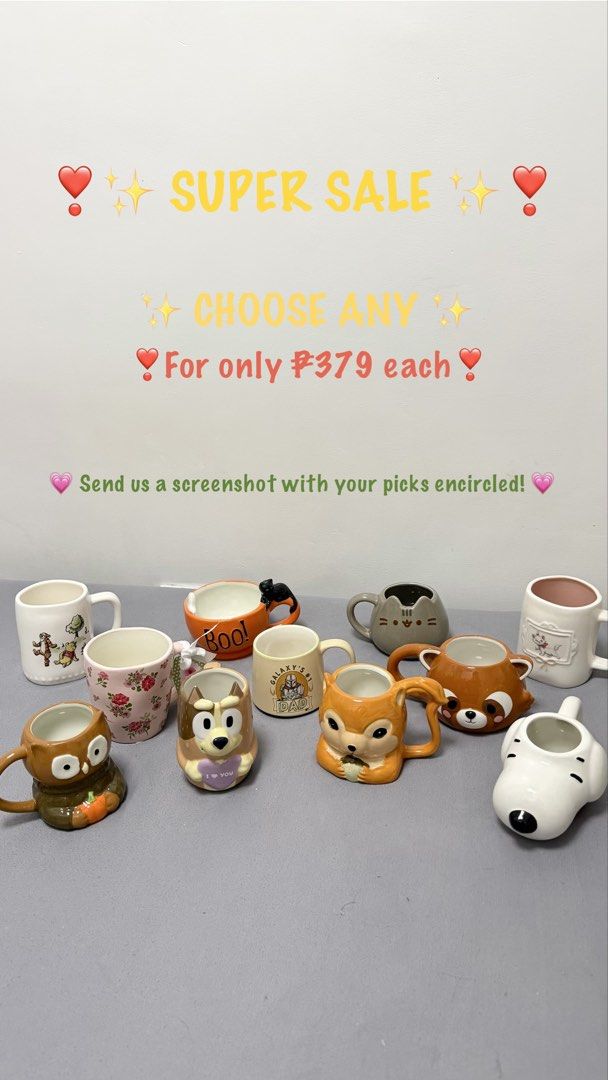 Super Sale Ceramic Mugs !!! (Category: Coffee & Tea Tableware) located in Quezon City. Submitted by fragilebabies (Listing ID 1463014889, Image 1). Description: ₱379.00 Each!!! Disclaimer: Please be reminded that these mugs are mall pull-out items. Minor imperfections such as small chips, slight paint chips, crazing (fine hairlines), and other minor marks may be present and are considered normal for mall pull-out items. That said, most of our mug