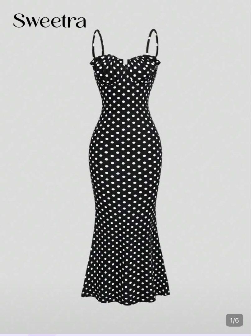 Sweetra Polka Dot Maxi Dress (Category: Dresses) located in Antipolo. Submitted by beenarzoles (Listing ID 1462879535, Image 1). Description: - Used twice only - Classic black and white polka dot print - Elegant sweetheart neckline with ruffled trim - Delicate spaghetti straps - Flattering fitted bodice that flares out - Ideal for parties, dates, or a stylish night out - Combines comfort and fashion.