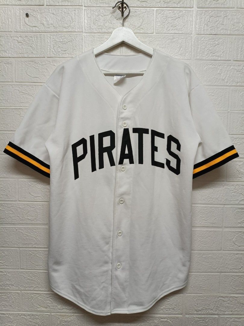 Teamwork Athletic Apparel Pirates Baseball Jersey Size L (Category: Tshirts & Polo Shirts ) located in Quezon City. Submitted by rod_raymundo (Listing ID 1462896342, Image 1). Description: - White baseball jersey with 'PIRATES' across the chest. - Number '10' prominently displayed on the back. - Sleeves feature stylish black and yellow stripes. - Made by reputable brand Teamwork Athletic Apparel. - Size L (fits chest sizes 42-44). - Ideal for spo