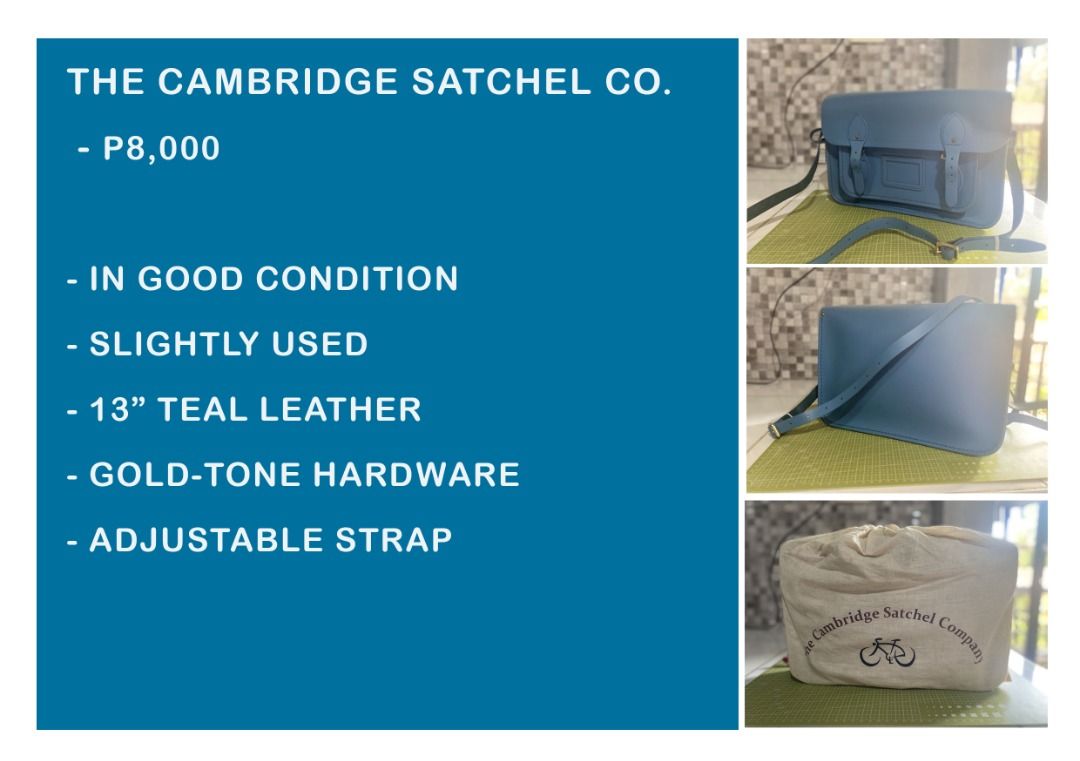 The Cambridge Satchel Co. Teal Leather Thirteen " (Category: Sling Bags) located in Manila. Submitted by jaypallasi14998 (Listing ID 1462933202, Image 1). Description: In very good condition & maintained. Purchased in Singapore. Price is negotiable for sure buyer..