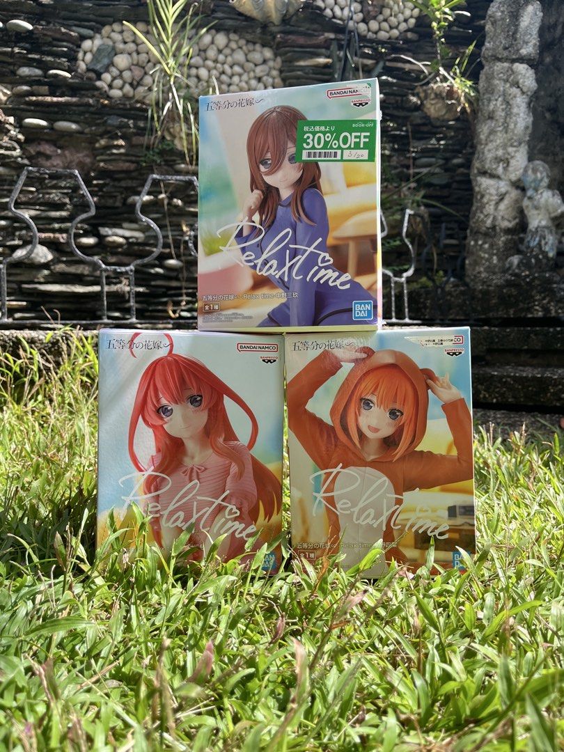 The Quintessential Quintuplets Relax Time Figures (Category: Designer & Blind Box Toys) located in Manila. Submitted by zildelima115331 (Listing ID 1462969126, Image 1). Description: NEGOTIABLE Miku - 320 Itsuki - 300 Yotsuba - Sold Take both for 600.