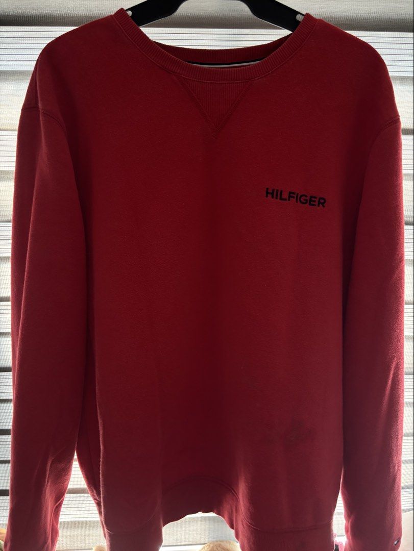 tommy hilfiger sweater (Category: Coats, Jackets and Outerwear) located in Manila. Submitted by iyahpreloved_ (Listing ID 1462945903, Image 1). Description: orig tommy hilfiger size L! red no stains, washable yung nasa lower part ng sweater .