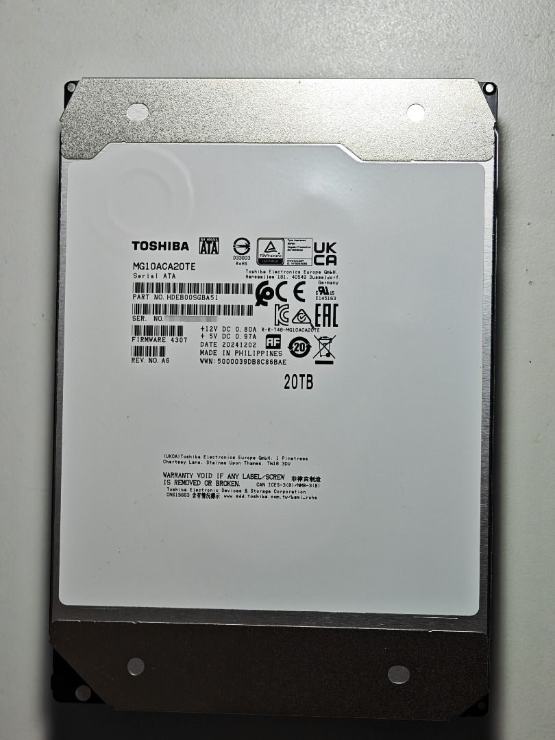 Toshiba MG10ACA20TE 20TB HDD （分類：硬碟及儲存器）位於 Hong Kong。 由 clkkfung 提交（商品編號 1462956479，圖片 1）。簡介： 保用至2030年，行貨有單。