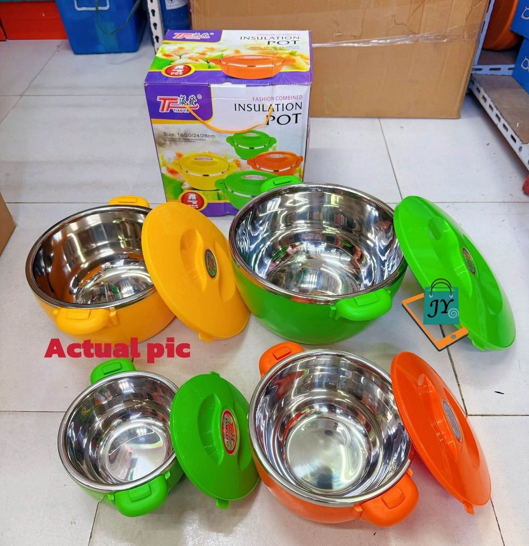 TPFA Fashion Combined Insulation Pot Set (Category: BBQ, Grills & Hotpots) located in Manila. Submitted by chaionlineshop (Listing ID 1463037787, Image 1). Description: - Set of 3 insulated pots - Available colors: Yellow, Green, Orange - Stainless steel interior - Keeps food warm or cold - Securely fitting lids - Built-in handles for easy carrying - Ideal for parties and everyday meals.