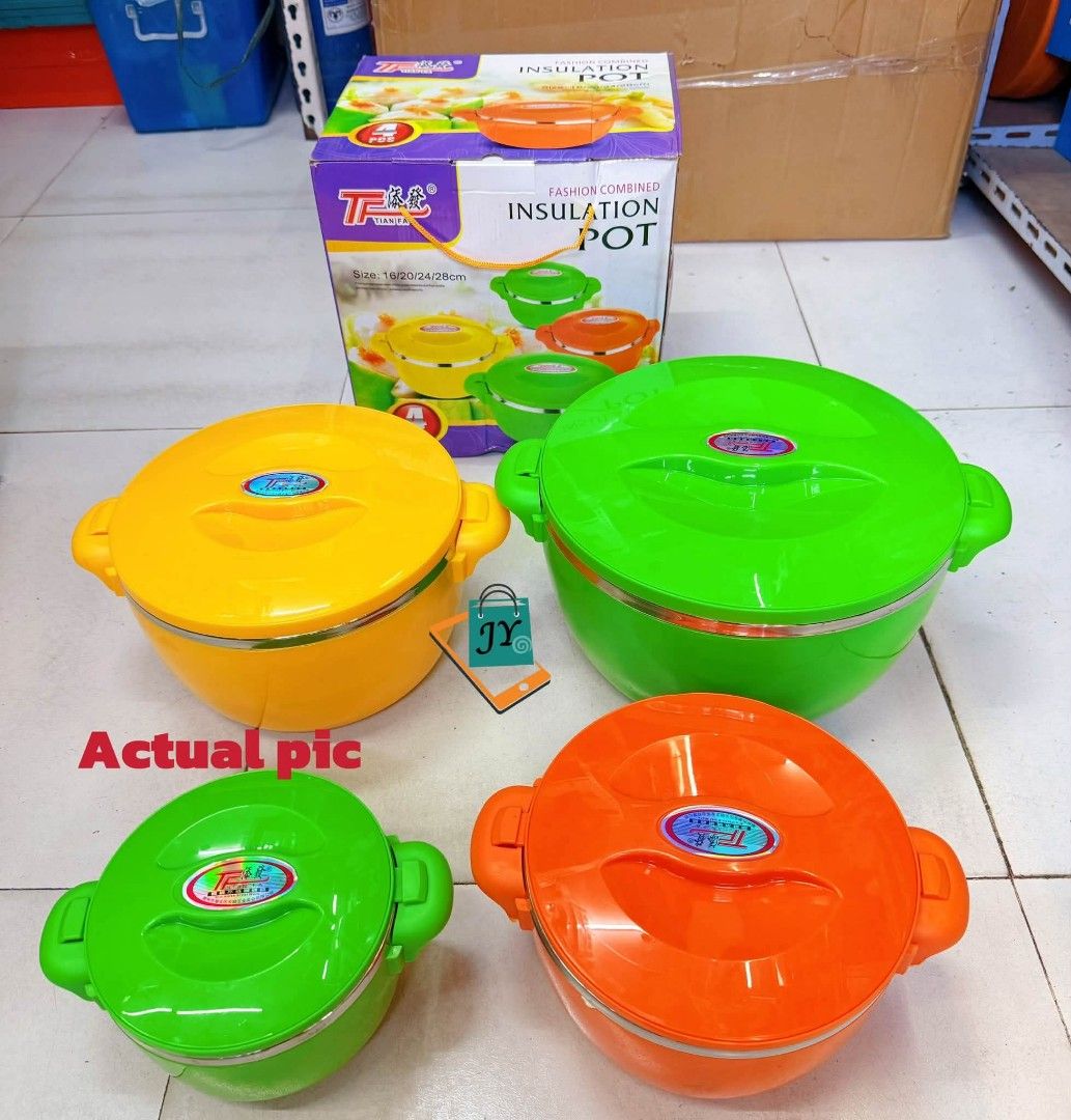 TPFA Fashion Combined Insulation Pot Set (Category: BBQ, Grills & Hotpots) located in Manila. Submitted by chaionlineshop (Listing ID 1463037787, Image 2). Description: - Set of 3 insulated pots - Available colors: Yellow, Green, Orange - Stainless steel interior - Keeps food warm or cold - Securely fitting lids - Built-in handles for easy carrying - Ideal for parties and everyday meals.