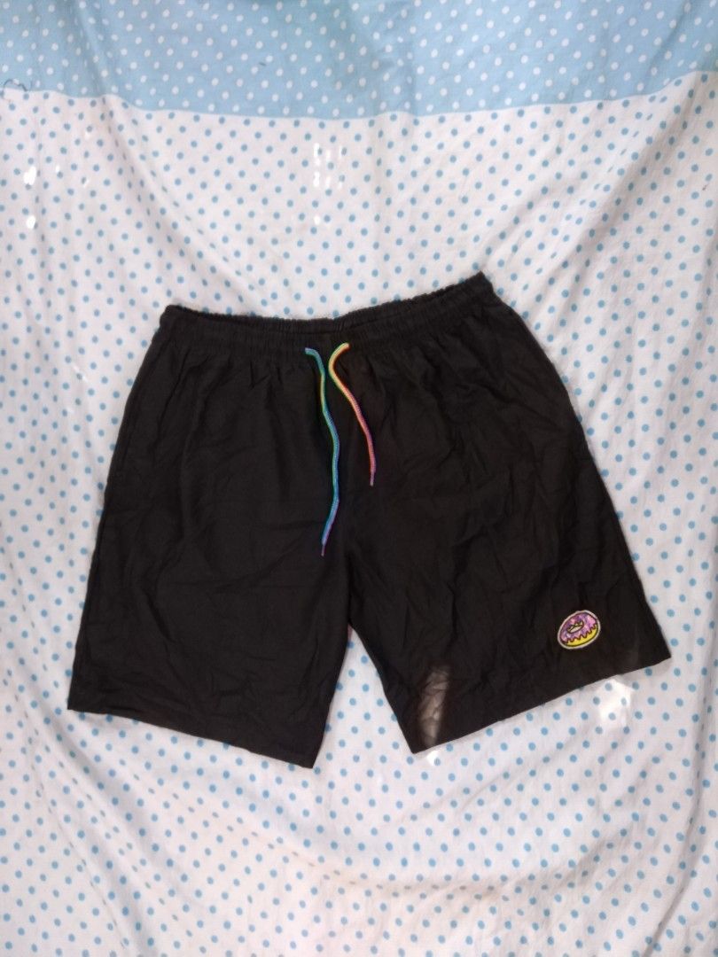 TRYEX Black Shorts with Rainbow Drawstring>dimension 32-36/Length 18 (Category: Shorts) located in San Isidro, Davao Oriental. Submitted by nelthrift30 (Listing ID 1462952824, Image 1). Description: - Brand: TRYEX - Color: Black - Features: Elastic waistband, colorful rainbow drawstring - Detail: Small embroidered logo on lower right leg - Use: Comfortable for lounging or light activity - Condition: Please check photos for details.
