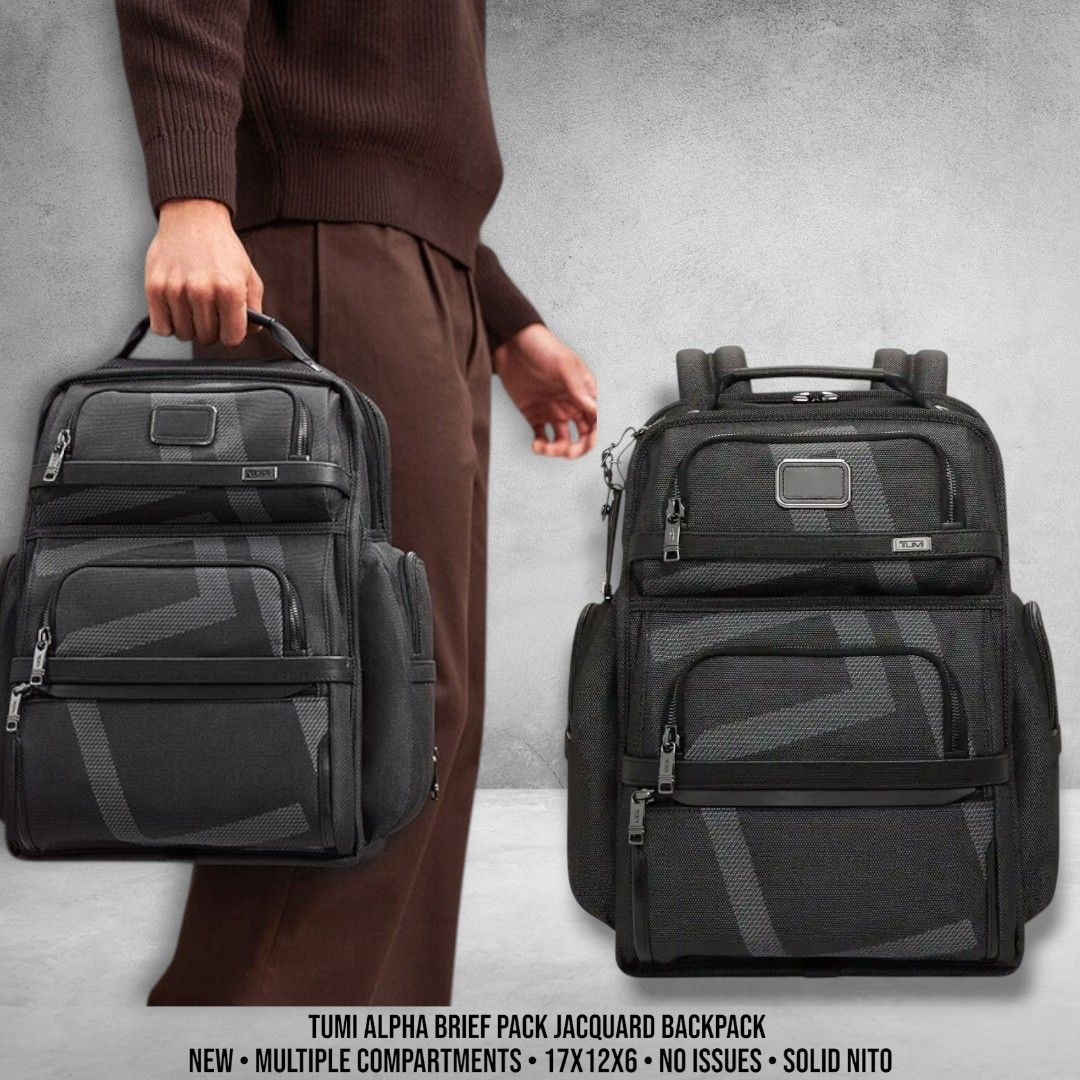 TUMI ALPHA BRIEF PACK JACQUARD BACKPACK (Category: Backpacks) located in Tagbilaran City. Submitted by urchinclothingco. (Listing ID 1462969211, Image 1). Description: TUMI ALPHA BRIEF PACK JACQUARD BACKPACK MULTIPLE COMPARTMENTS DEDICATED LAPTOP COMPARTMENT LIKE NEW 17 INCHES HEIGHT 12 INCHES WIDTH 6 INCHES DEPTH NO ISSUES 7,550+SF.