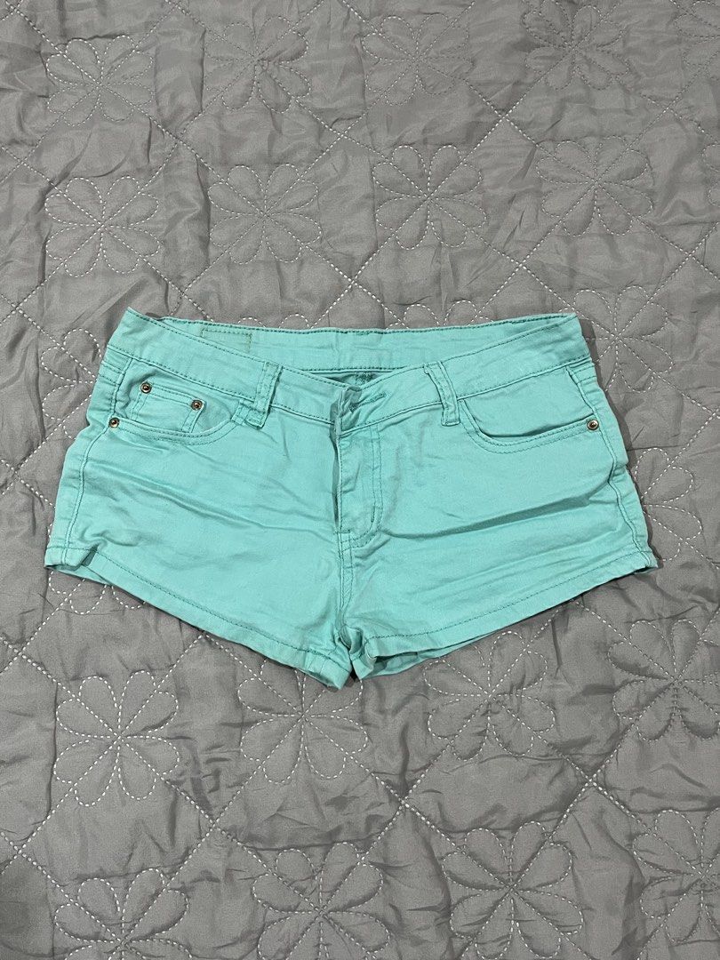 turquoise low-rise denim mini shorts (Category: Shorts) located in Quezon City. Submitted by reesedeclutters (Listing ID 1462939535, Image 1). Description: fits S-M.