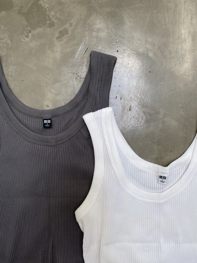 Uniqlo Ribbed Tank Tops (Category: Sleeveless) located in Paranaque City. Submitted by lilybso (Listing ID 1462955296, Image 2). Description: - selling as a bundle - last pic only for fit reference, colors are grey and white.