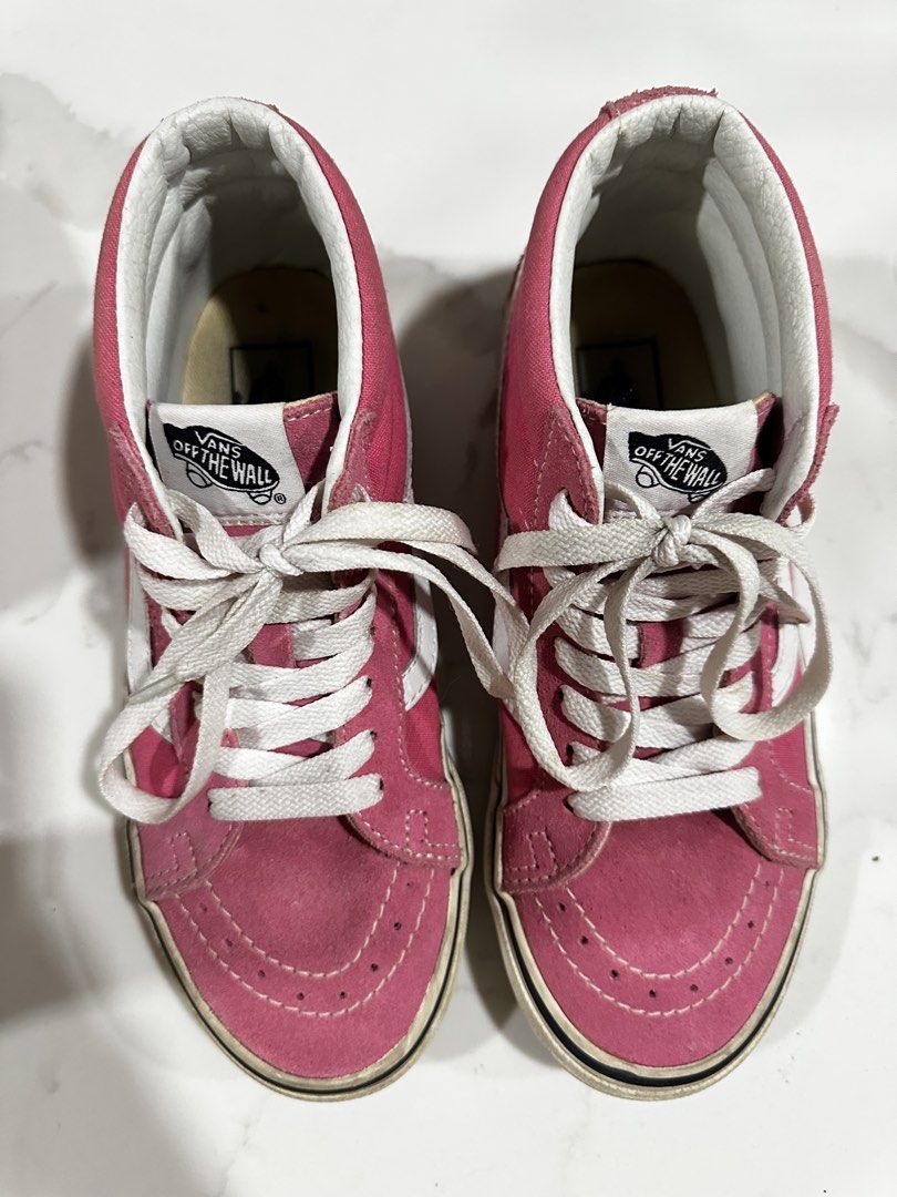 VANS Pink Sk8-Hi high (Category: Sneakers) located in Angeles City. Submitted by claudinelaz (Listing ID 1463072434, Image 2). Description: lightly used - brand: vans -₱1,900 - size: US 6.5 W - original box included - used less then 5x - RFS: decluttering - mop 🧾: gcash/ bank transfer (payo) - mod 🚚: j&t or lbc dm me to claim! dm for more photos!.