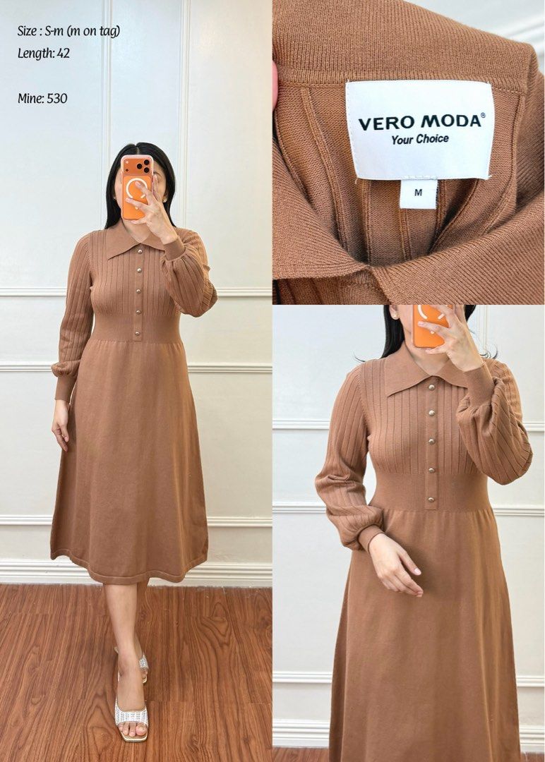 Vero Moda Knit Collared Midi Dress M Brown (Category: Dresses) located in Manila. Submitted by angelll0123 (Listing ID 1463063804, Image 1). Description: - Brand: Vero Moda - Style: Brown knit midi dress - Features: Collared neckline with button details, long sleeves with slight shoulder puff, ribbed texture - Size: Fits like a size M - Length: 42 inches - Occasion: Perfect for dressing up or down.