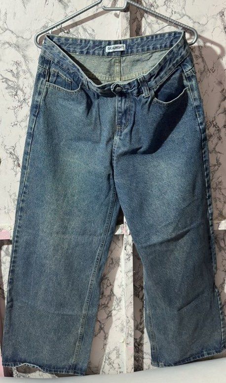 Vintage Blue Wide Straight Jeans (Category: Jeans) located in Manila. Submitted by kirayychii (Listing ID 1463111105, Image 1). Description: - Take both for ₱450 - H&M is in original color as washed blue - Girl Almighty used once.