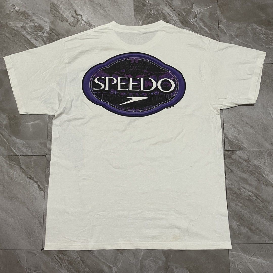 VTG 1996 Speedo White Tee (Category: Tshirts & Polo Shirts ) located in Bacoor. Submitted by thrift2dough (Listing ID 1463061195, Image 1). Description: VTG 1996 Speedo White Tee Size: Large Condition: 9/10 Issue: stains (washable) Dimensions Width: 23 in Length: 30 in Price: 1,000 shipped.