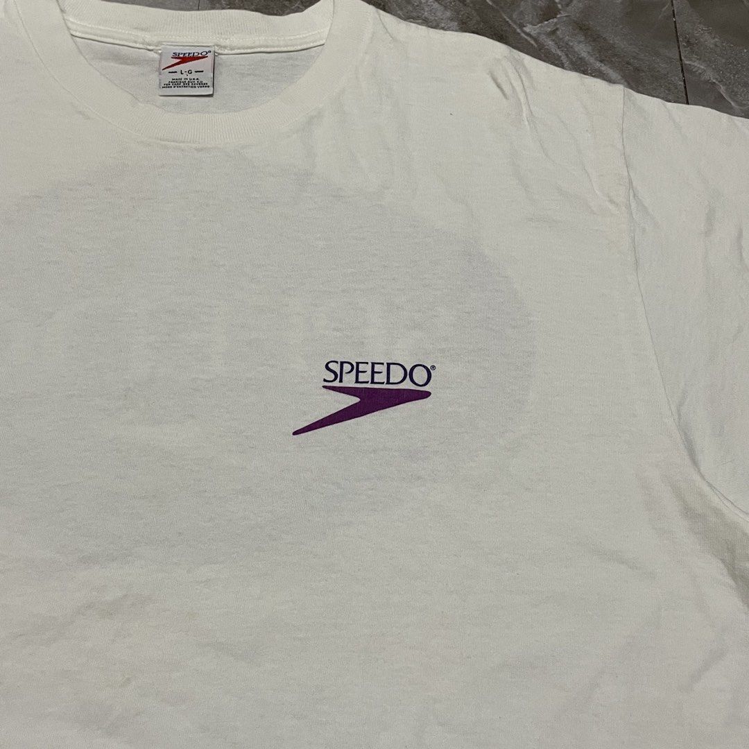 VTG 1996 Speedo White Tee (Category: Tshirts & Polo Shirts ) located in Bacoor. Submitted by thrift2dough (Listing ID 1463061195, Image 3). Description: VTG 1996 Speedo White Tee Size: Large Condition: 9/10 Issue: stains (washable) Dimensions Width: 23 in Length: 30 in Price: 1,000 shipped.