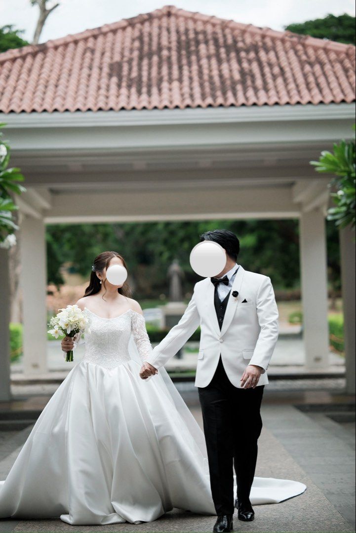 Wedding Gown, Suit, Entourage Gowns (Category: Evening dresses & gowns) located in Taguig. Submitted by kgoxx (Listing ID 1463009066, Image 1). Description: Selling my wedding gown + husband’s suit & vest. 💖 Both are custom-made and have been professionally dry cleaned. 👰🏻‍♀️ Wedding Gown - Corset, full lace top & sleeves - Drop waist, pleated skirt with 2 side pockets - Mikado fabric - Bust: 35-36” | Waist: 28-29” | Full length: 58” 🤵🏻‍♂️ S