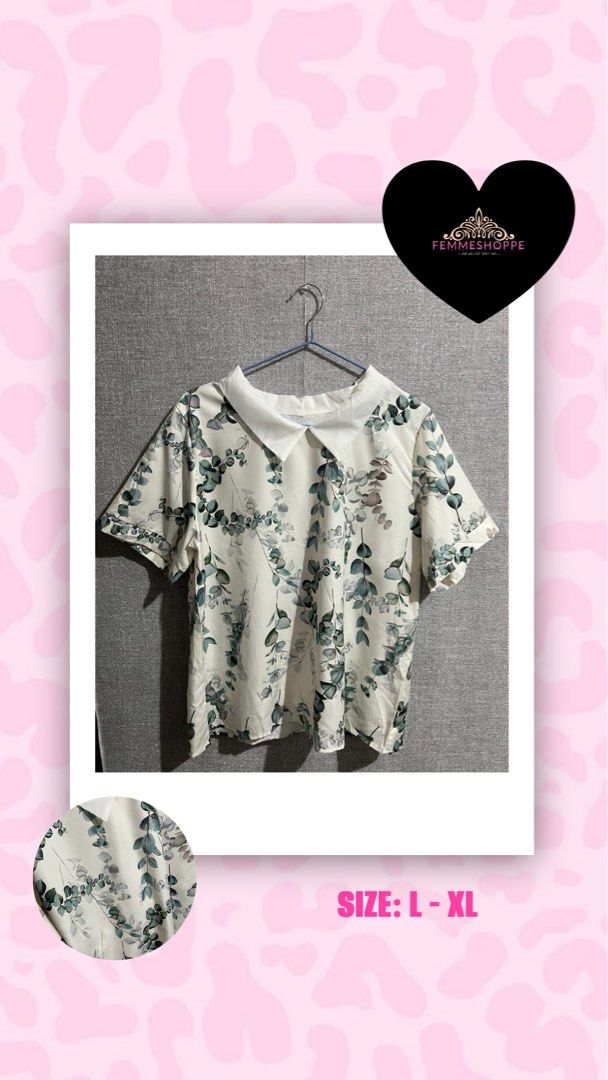 White Collared Silk Blouse with Floral Print (Category: Blouses) located in Marikina City. Submitted by femmeshoppemnl (Listing ID 1462931176, Image 1). Description: White Collared Silk Blouse with Floral Print Size: L-XL Condition: Like new. Issue: No issue. Brand: No Brand. Ukay sourced from Korea. Washed - Ready to wear. .
