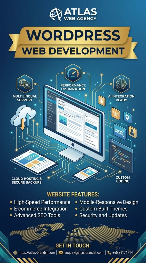 WordPress Website Development (Category: Office & Business Technology) located in Singapore. Submitted by atlas-brandsf (Listing ID 1463037456, Image 3). Description: In a fast-paced digital market, a generic website template isn’t enough. Your business needs a fast, secure, and mobile-responsive website that converts visitors into customers. At ATLAS, we build custom WordPress solutions designed to scale your brand: ✅ Custom Theme Design (No blo