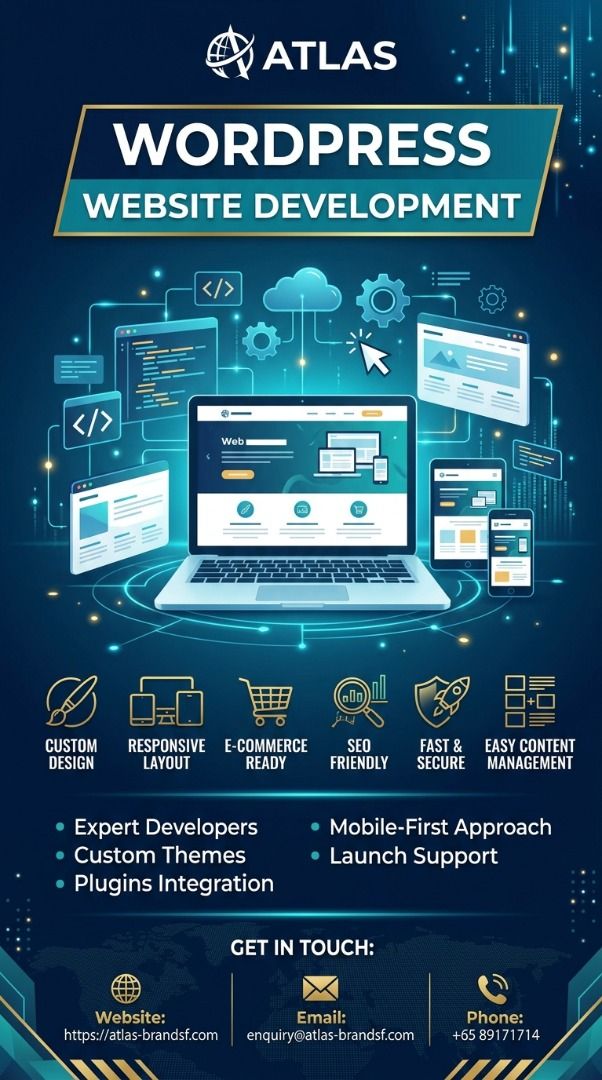 WordPress Website Development (Category: Office & Business Technology) located in Singapore. Submitted by atlas-brandsf (Listing ID 1463037456, Image 1). Description: In a fast-paced digital market, a generic website template isn’t enough. Your business needs a fast, secure, and mobile-responsive website that converts visitors into customers. At ATLAS, we build custom WordPress solutions designed to scale your brand: ✅ Custom Theme Design (No blo