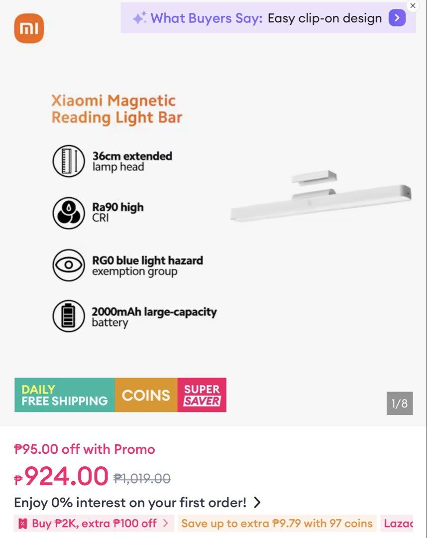 Xiaomi Magnetic Reading Light Bar 36cm (Category: Lighting) located in Manila. Submitted by kaiatphnow (Listing ID 1462928213, Image 2). Description: - Xiaomi Magnetic Reading Light Bar - 36cm extended lamp head for wider illumination - High CRI (Ra90) for true color rendering - RGO blue light hazard exemption for eye comfort - Built-in 2000mAh rechargeable battery - Easy clip-on design for hassle-free mounting - Ideal for reading, studying, or d