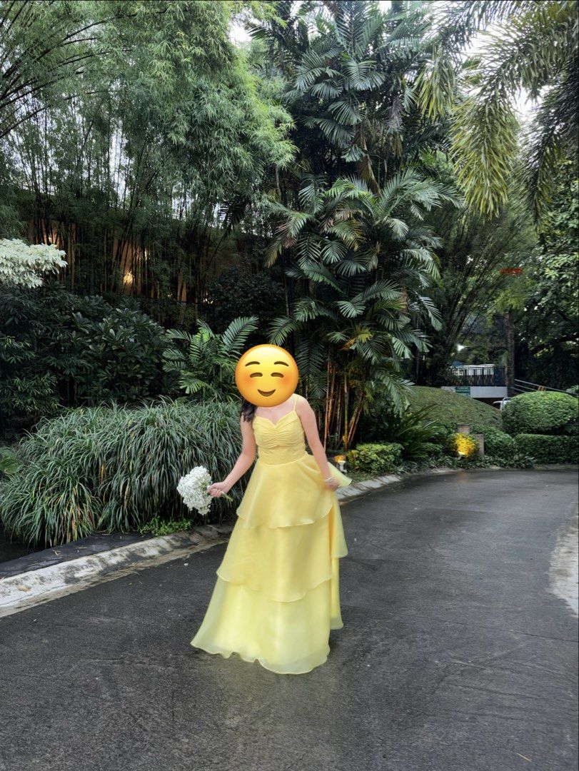 Yellow layered Gown with Spaghetti Straps (Category: Evening dresses & gowns) located in Makati City. Submitted by joylemjnd (Listing ID 1462886397, Image 1). Description: - For sale or for rent (pm for the rate) - Beautiful yellow gown - Features spaghetti straps and sweetheart neckline - Flowy, tiered skirt for a graceful look - Ideal for formal events or as a bridesmaid dress - Worn only once for a wedding.