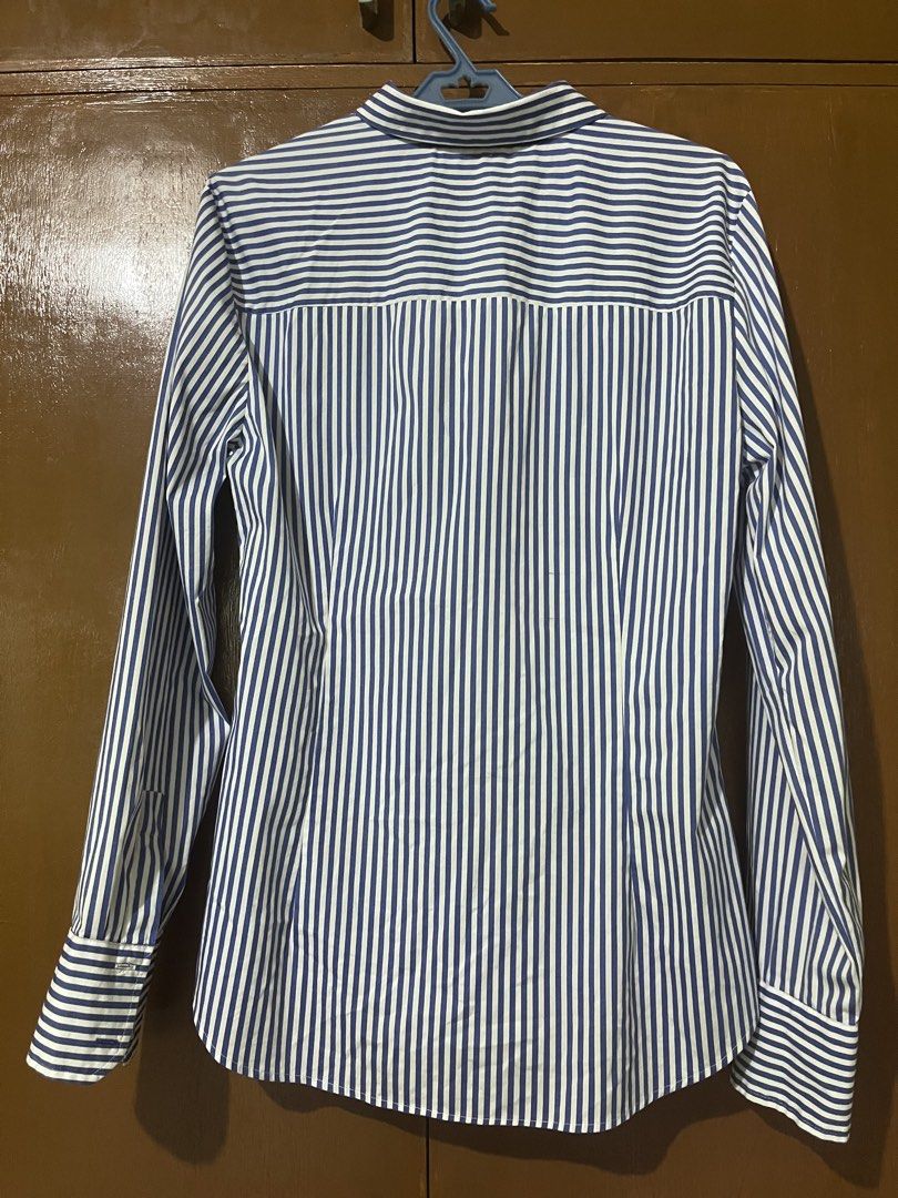Zara Basic Striped Button-Up Shirt (Category: Longsleeves) located in Pasig City. Submitted by instawardrobe (Listing ID 1463025461, Image 3). Description: - Classic blue stripes - Zara Basic button-up shirt - Long sleeves with buttoned cuffs - Button-down front - Versatile for work or casual outfits - Made in Morocco - Size L.