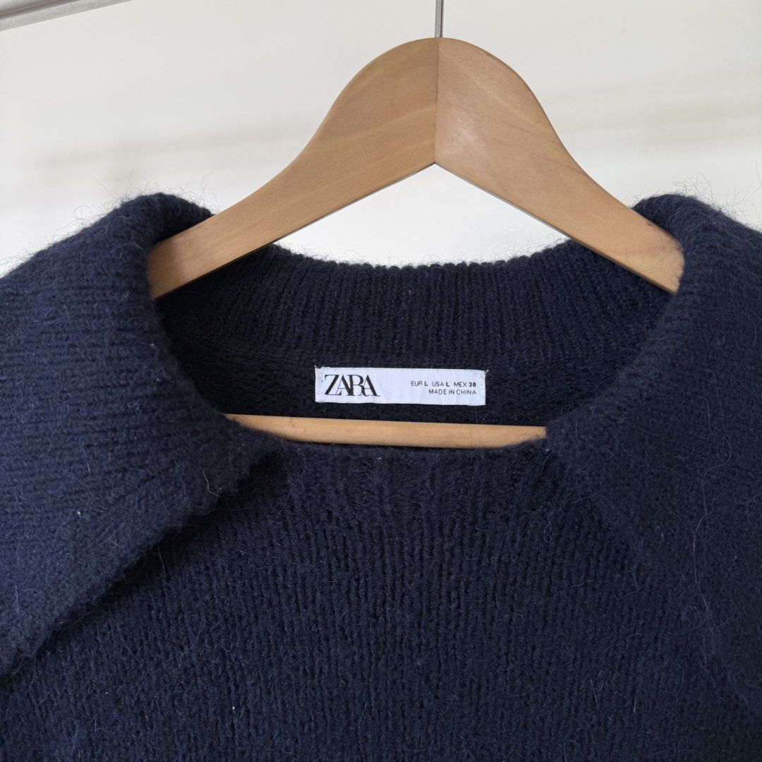 Zara Fuzzy Wide Collared Knit (Category: Longsleeves) located in Baguio. Submitted by jnks_preloved (Listing ID 1463036467, Image 2). Description: - Zara wide collared knit sweater Navy blue color, Soft Wool Minimal Lints only L on tag ( fits M to L).