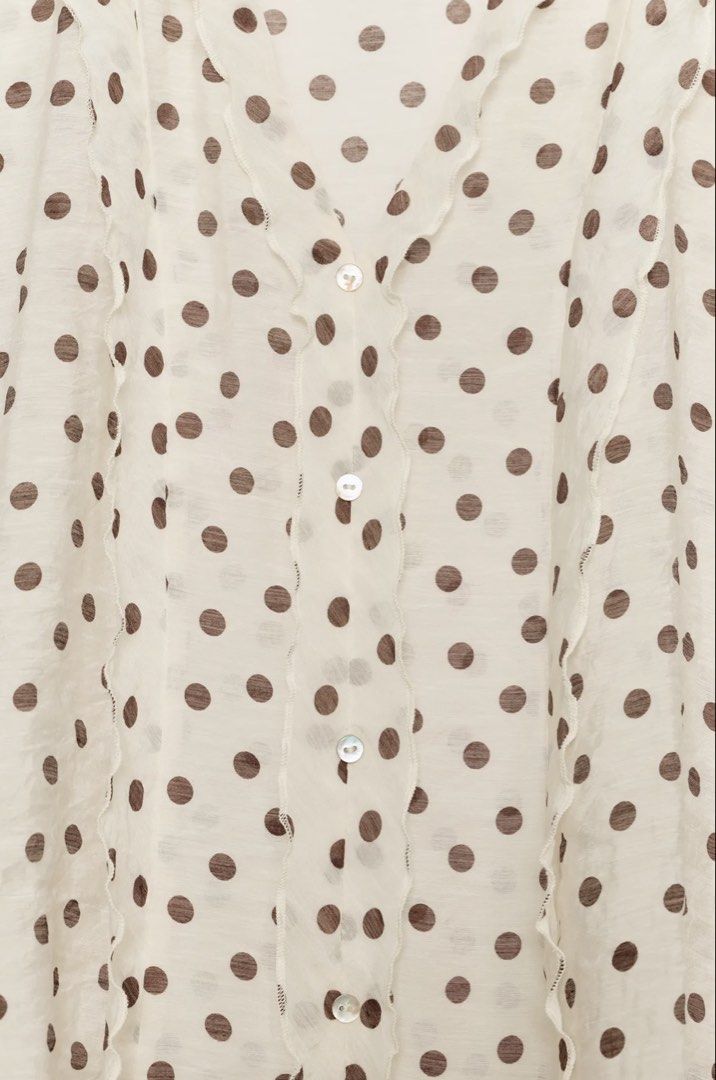Zara Printed Polka Dot Blouse (Category: Blouses) located in Pasay City. Submitted by classique_ph (Listing ID 1463035905, Image 3). Description: - Cream sleeveless blouse - Brown polka dot pattern - Lightweight fabric - Perfect with jeans or skirts - strictly NO RETURN, NO REFUND!! .