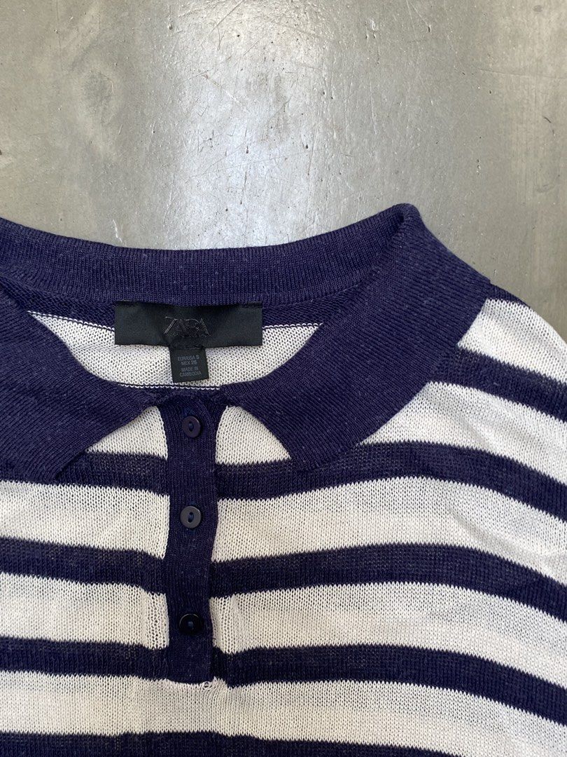 Zara Striped Navy Blue Knitted Top (Category: Shirts) located in Paranaque City. Submitted by lilybso (Listing ID 1462951035, Image 3). Description: - only used twice, just needs ironing - knit material - bought for around 2,000 iirc.