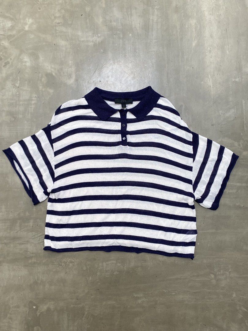 Zara Striped Navy Blue Knitted Top (Category: Shirts) located in Paranaque City. Submitted by lilybso (Listing ID 1462951035, Image 2). Description: - only used twice, just needs ironing - knit material - bought for around 2,000 iirc.