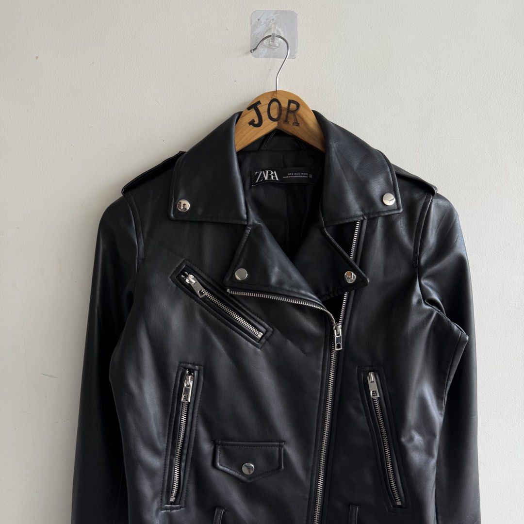 Zara Biker Leather Jacket (Category: Coats, Jackets and Outerwear) located in San Fernando. Submitted by jorjorr (Listing ID 1463036607, Image 2). Description: Zara Biker Leather Jacket Small on tag 19 width 20 length Excellent to new condition Missing belt P1,999.