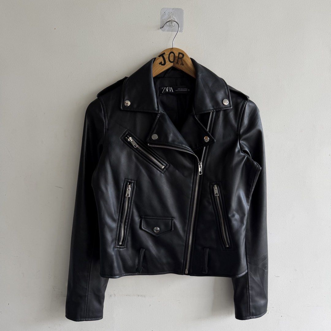 Zara Biker Leather Jacket (Category: Coats, Jackets and Outerwear) located in San Fernando. Submitted by jorjorr (Listing ID 1463036607, Image 1). Description: Zara Biker Leather Jacket Small on tag 19 width 20 length Excellent to new condition Missing belt P1,999.
