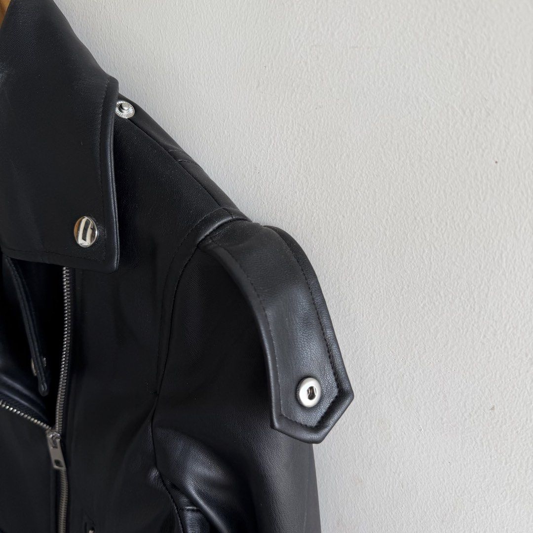 Zara Biker Leather Jacket (Category: Coats, Jackets and Outerwear) located in San Fernando. Submitted by jorjorr (Listing ID 1463036607, Image 3). Description: Zara Biker Leather Jacket Small on tag 19 width 20 length Excellent to new condition Missing belt P1,999.