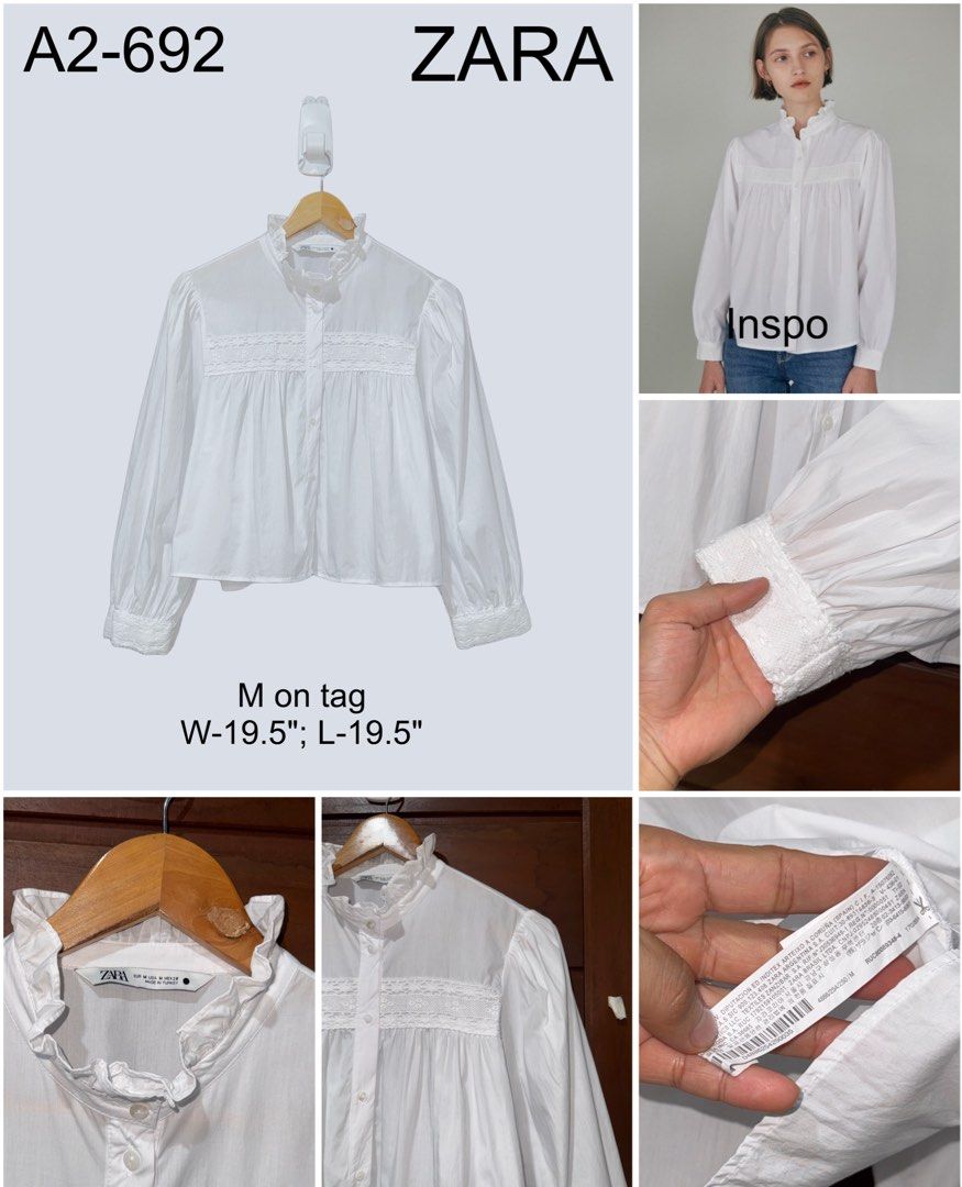 Zara White Long Sleeve Blouse (Category: Longsleeves) located in Digos. Submitted by appareall (Listing ID 1463032362, Image 2). Description: A2-693 Approximate measurements (taken flat in inches) Size on tag: M Width (pit to pit): 19.5 Length: 19.5 Material: Cotton .