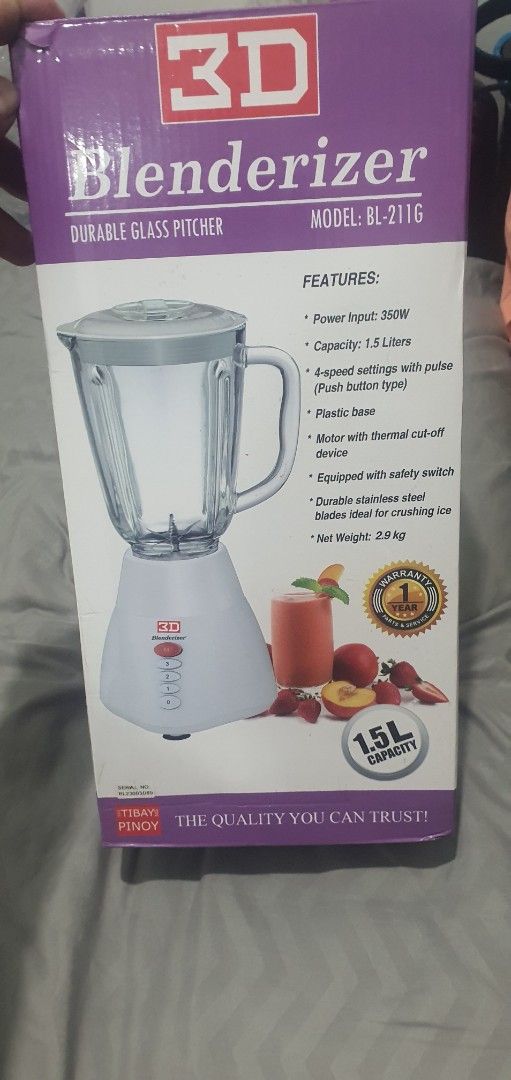 3D Blenderizer BL-211G Durable Glass Pitcher (Category: Juicers, Blenders & Grinders) located in Paranaque City. Submitted by personal_preloved40 (Listing ID 1463249923, Image 1). Description: - Model: 3D Blenderizer BL-211G - Capacity: 1.5 Liters - Power: 350W - Pitcher: Durable Glass - Base: Plastic - Blades: 6 durable stainless steel blades with ice crushing capacity - Settings: 4-speed settings with pulse function - Safety: Motor with thermal