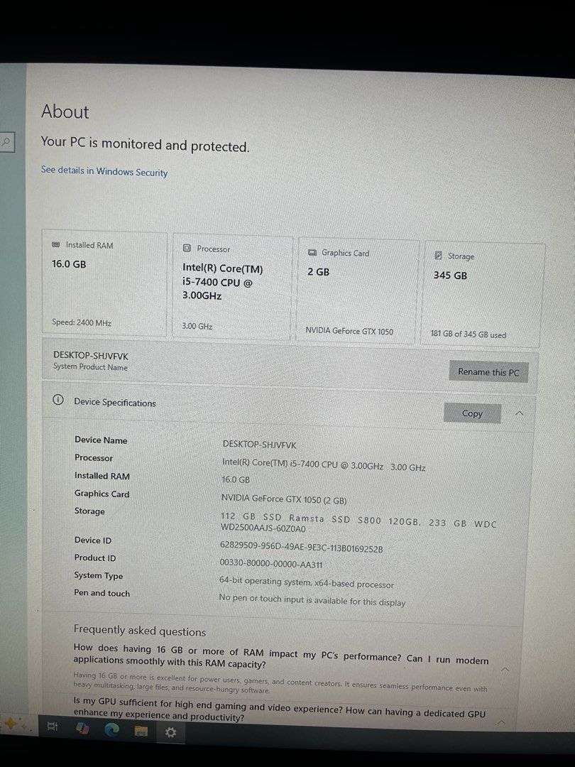 🎮 GAMING PC / SYSTEM UNIT FOR SALE 🎮 (Category: Desktops) located in Quezon City. Submitted by jayjayhelter (Listing ID 1463281517, Image 2). Description: GAMING PC / SYSTEM UNIT FOR SALE 💻 SPECS: • CPU: Intel Core i5-7400 • Motherboard: MSI H310M PRO-VH PLUS • GPU: NVIDIA GeForce GTX 1050 2GB • RAM: 16GB DDR4 (2×8GB) • Storage: 120GB SSD + 250GB HDD • PSU: 700W • OS: Windows 10 Pro • LAN / Ethernet • System Unit Only ✅ 16GB RAM ✅ SSD + HDD du