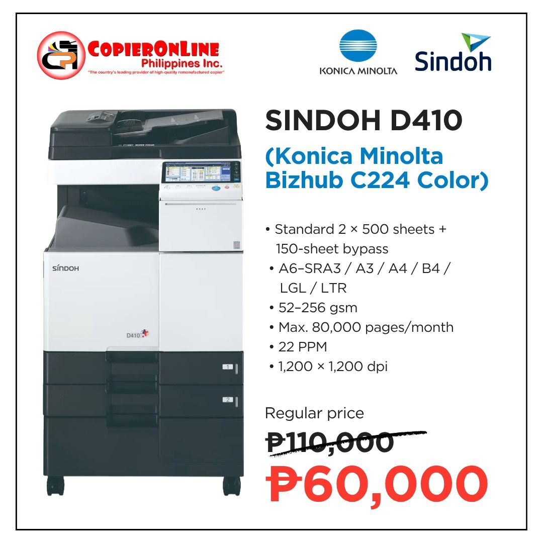 SINDOH BER MONTH SALE! (Category: Printers, Scanners & Copiers) located in Quezon City. Submitted by copieronlineinc (Listing ID 1463217656, Image 3). Description: ‼ SINDOH BER MONTH SALE! ‼ 💥 UP TO 50% OFF ON COLOR COPIER MACHINES! 💥 Looking for a high-quality COLOR COPIER at a BIG DISCOUNT? This is your chance! 🖨✨ 🚨 RECONDITIONED COLOR MACHINES — SPECIAL BER MONTH PRICES! 🚨 Available Models: ✅ Sindoh CM3093 / Konica Minolta Bizhub C360i Co