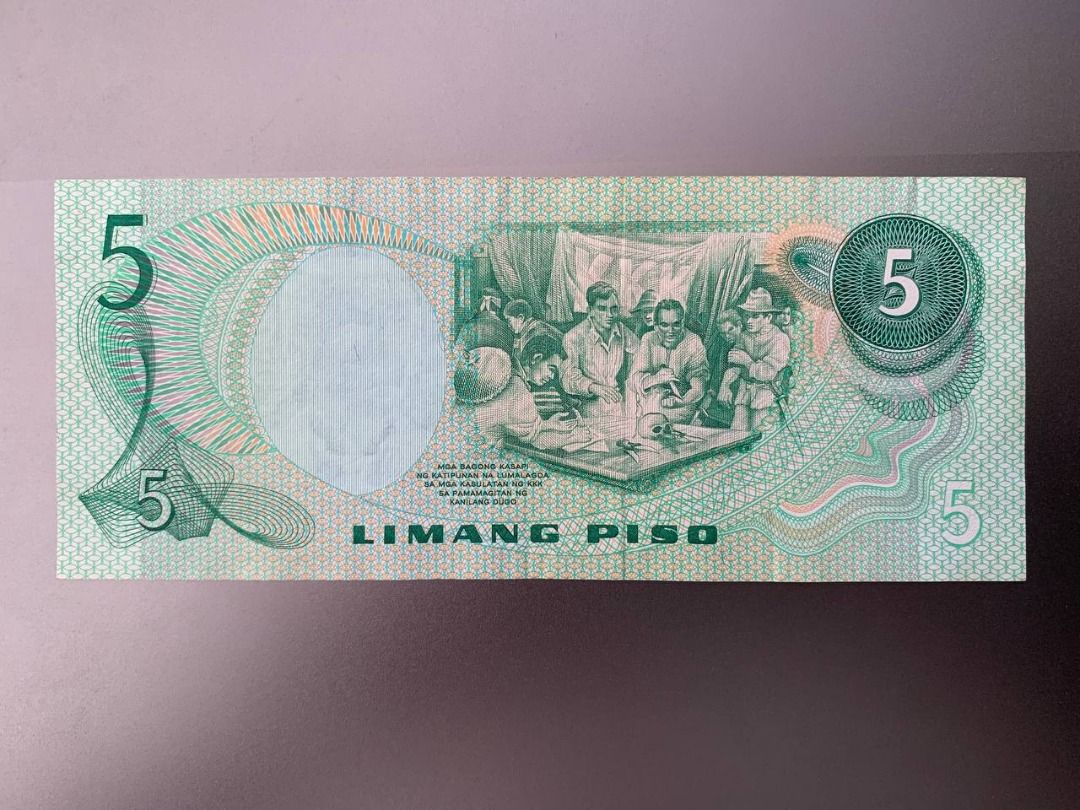 ABL - 5 peso (red serial) (Category: Currency) located in Indang. Submitted by vykolektor (Listing ID 1463186454, Image 2). Description: ABL 5 peso Marcos-Laya Red serial Condition in photos.