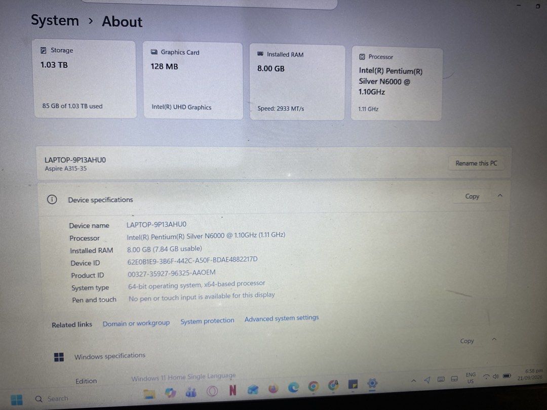 Acer Aspire A315-35 Laptop (Category: Laptops & Notebooks) located in Tarlac. Submitted by sxlxq (Listing ID 1463236293, Image 3). Description: ACER ASPIRE Condition and details: 6 years of use May history of repair po (nag crack sa may screen and pinaayos) Nagkaka-linya yung screen and nag bblack out Pinacheck na rin po sa mismong pagawaan yung buong screen po need ipaayos Inclusions: Laptop Bag Charger Shipment: * Depends on what you prefer * C