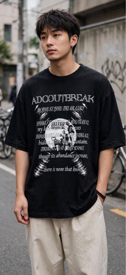 ADC OUTBREAK Black Graphic T-Shirt (Category: Tshirts & Polo Shirts ) located in San Pedro. Submitted by lifebeginsaftercoff33 (Listing ID 1461467959, Image 1). Description: - Brand: ADC OUTBREAK - Style: Graphic T-Shirt - Size: XL on tag - Dimes: 25 x 32 in - Front: Large graphic print with text and imagery - Back: Plain black - Very soft comfy thick fabric Minor flaw: pls refer to the last picture (pin hole).
