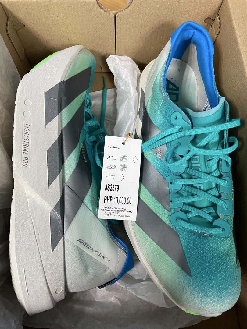Adidas Adizero Adios Pro 4 (Category: Sneakers) located in Manila. Submitted by deyssies (Listing ID 1463304046, Image 1). Description: - Adidas Adizero Adios Pro 4 - Size: 10 US Men - Cushioning: Lightstrike Pro - Ideal for running - Includes original box - can meetup within BGC area.