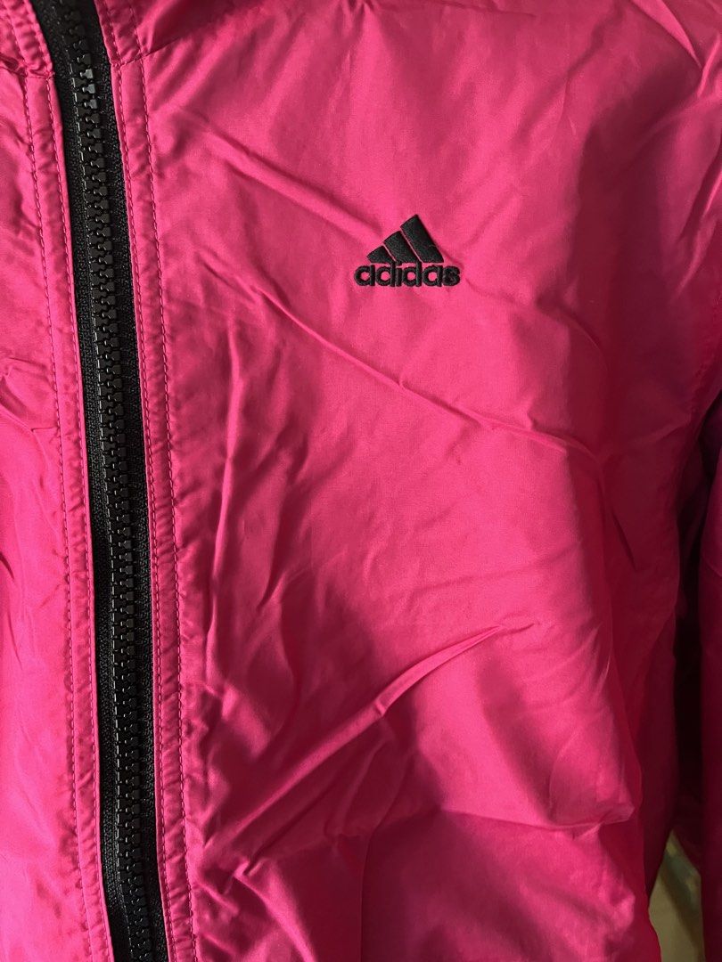 Adidas reversible jacket (Category: Coats, Jackets and Outerwear) located in Bacoor. Submitted by ayit. (Listing ID 1463162821, Image 3). Description: Orig personal sf inc negotiable Small-med fit japan gling Pm sa dimes good cond no issue - Brand: Adidas - Type: Reversible Jacket - Colors: Vibrant Pink / Black - Design: Pink side features classic Adidas stripes; Black side has a quilted pattern. - Size: S (US 4 / UK 8 / EU 36) - Condition: Excel