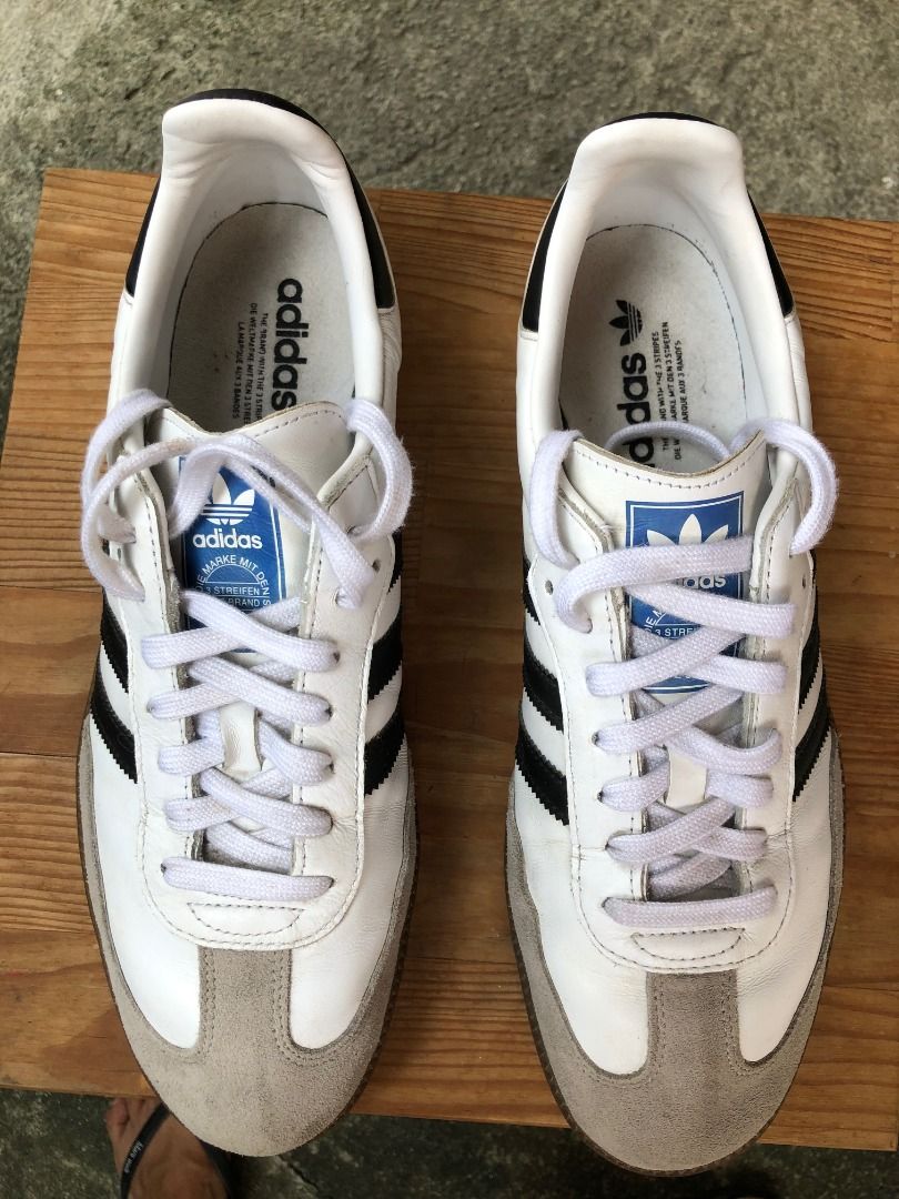 Adidas Samba The 3-Stripe OG for Men (Category: Sneakers) located in Calamba. Submitted by marjoh29436 (Listing ID 1463262653, Image 3). Description: This is a classic pair of adidas Samba OG Shoes “Cloud White / Core Black / Gum” colorway, T-Toe Design to distinct light grey suede overlay reinforcing the toe area, Signature Branding to serrated black leather 3-Stripes running along the smooth white leather upper, Classic Sole the ionic dark gum 